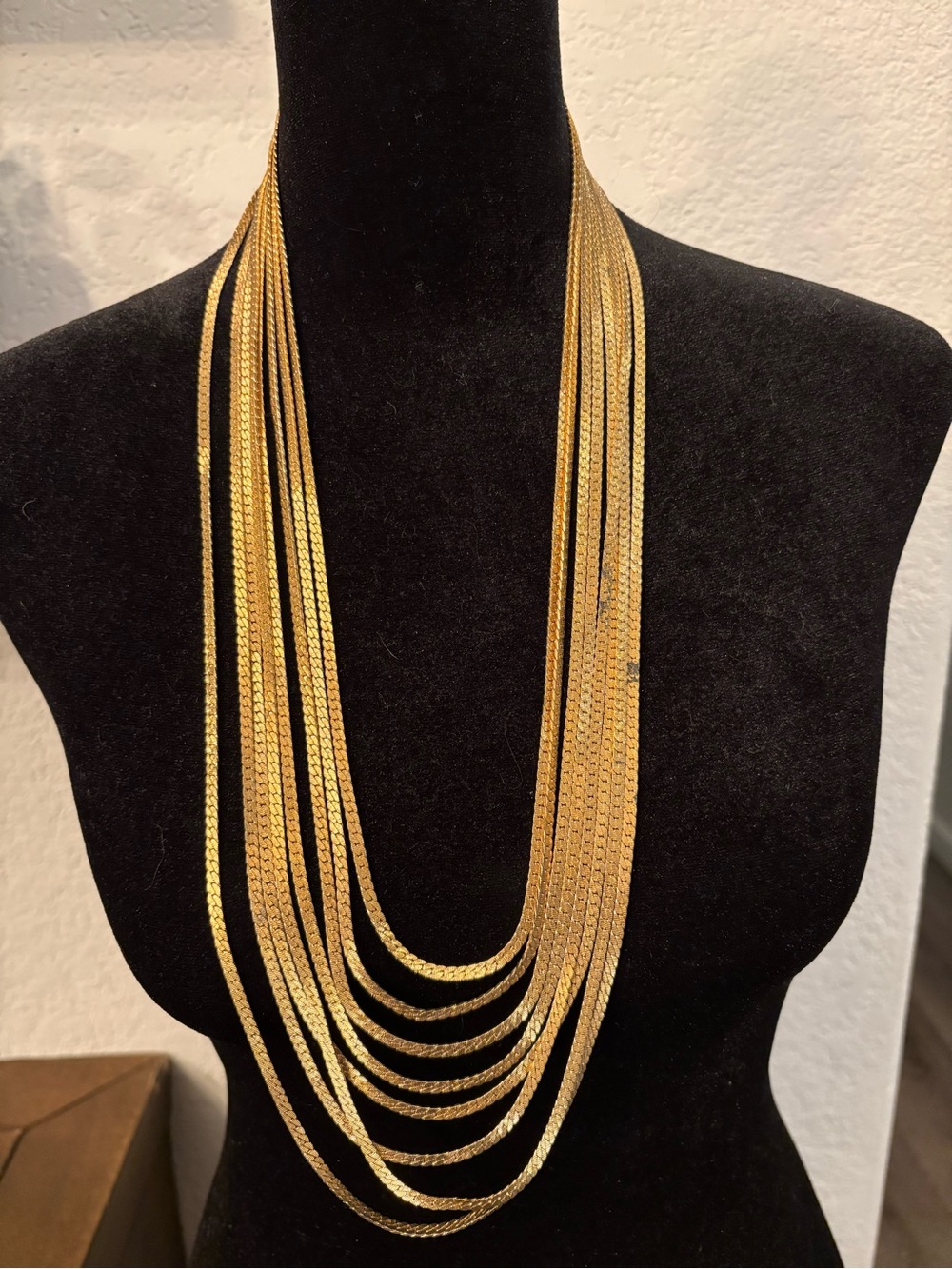 Vintage Monet Gold Tone Multi Strand Herringbone Statement Necklace Signed